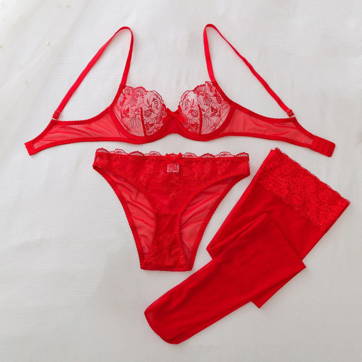 Sheer Bra Lace - 시스루 메쉬 에로틱 세트 여성용 레드