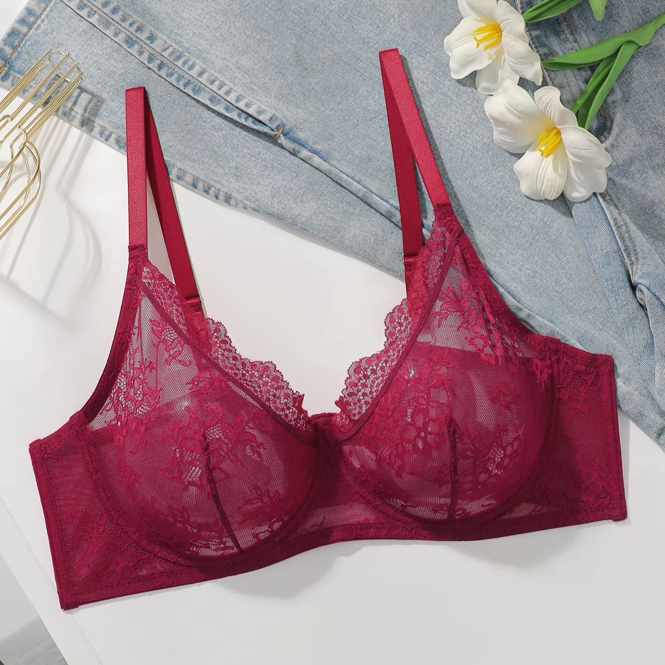 여성 플러스 사이즈 레드 레이스 시스루 브라 언더와이어 - Sheer Bra Lace 리뷰 및 가격